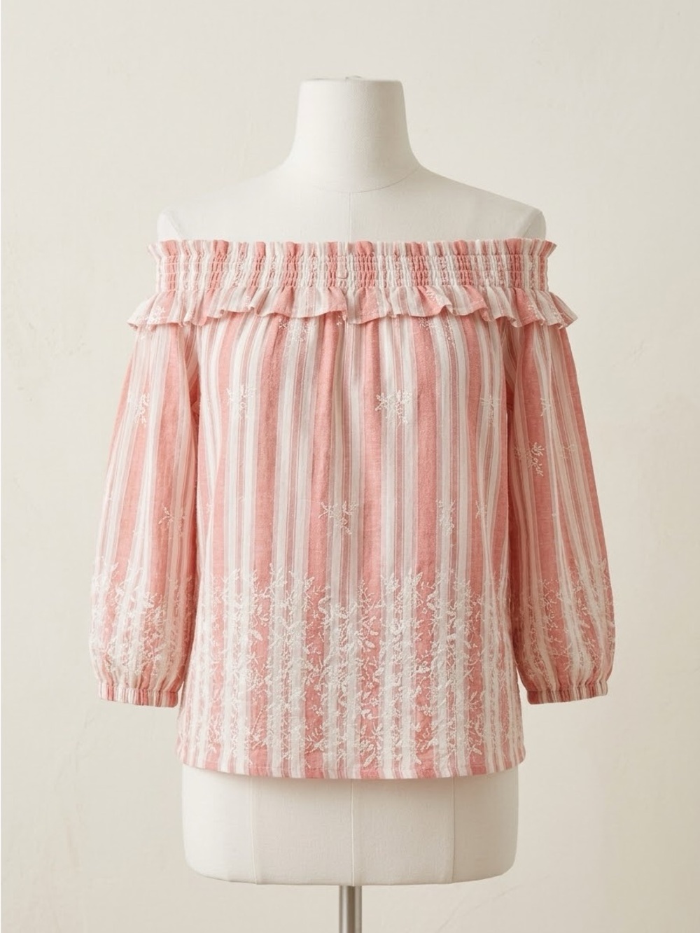 MISA Los Angeles Pink Stripe Embroidered Off Shoulder Cotton Blouse S